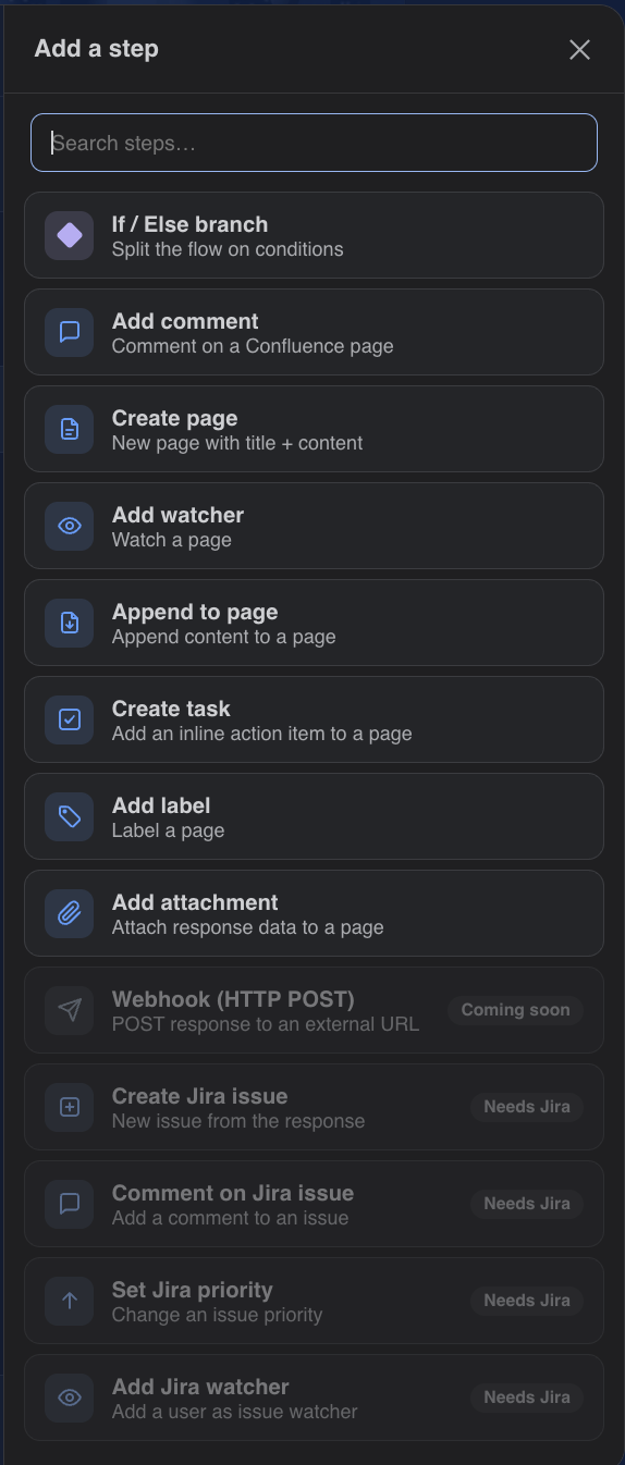 Add-step panel with searchable action catalog